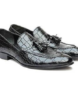 Handmade Black Crocodile Embossed Texture Loafer Tassels Shoes