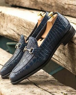 Handmade Men Alligator Texture Navy Blue Moccasin Shoes