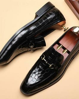 Handmade Men Black Alligator Texture Leather Moccasin Shoes