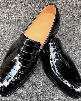Handmade Men Black Round Toe Crocodile Texture Leather