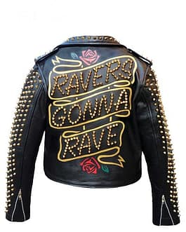 New Men's Custom Made Black Leather Full Metallic Studded Ravers Gina Rave Printed Zipper Belted Stylish Leather Jacket