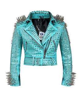 New Handmade Turquoise Blue Color Premium Leather Punk Jacket Women's Silver Long Spike Studded Biker Jacket