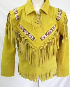Unisex Yellow Suede Leather Jacket Vintage Cow-boy Fringes and Beads Coat