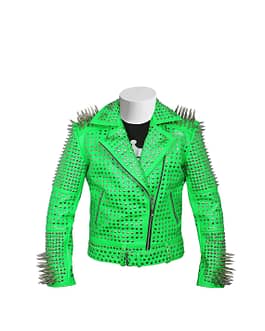 Men's Handmade Green Studded Steam Punk Rockers leather Brando Biker Jacket