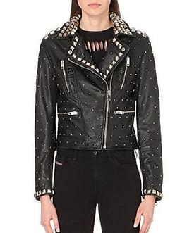 WOMEN'S FASHION PREMIUM LEATHER JACKET SILVER STUDS ON COLLAR AND SHOULDERS