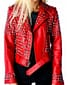 New Women's Custom Made Red Leather Silver Studded Zipper Style Real Cowhide Leather Jackets