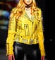 New Women Silver Long Spiked Studded Yellow Punk Belt Biker Leather Jacket