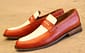 New Handmade Men's Rounded Toe Brown & White Leather Loafer Slip On Stylish Dress & Formal Shoes