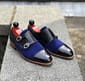 Pure Handmade Black Leather & Blue Suede Double Monk Strap Shoes for Men's