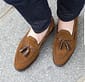 New Handmade Pure Dark Camel Suede Leather Stylish Tassel Loafer Slip On Shoes For Men's